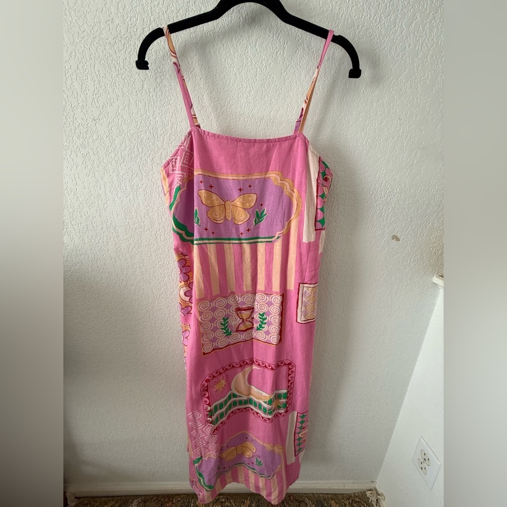 Japna linen Pink & Green Patterned Midi Dress